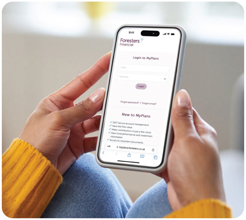Phone screen of Foresters login to MyPlans online account